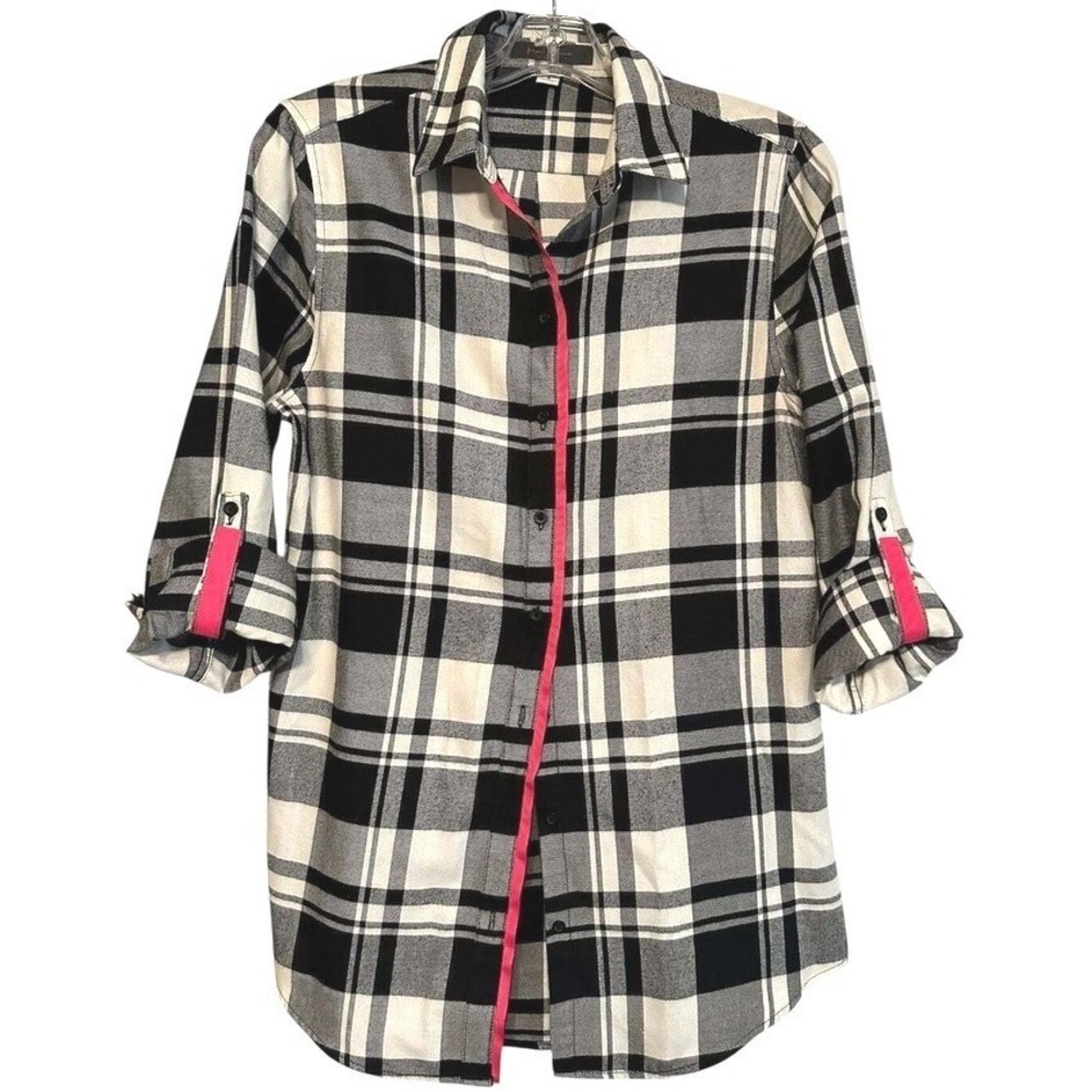 Pearly Vine Button Down Shirt Women Black White Plaid Pink Trim Cabin Outdoor  S